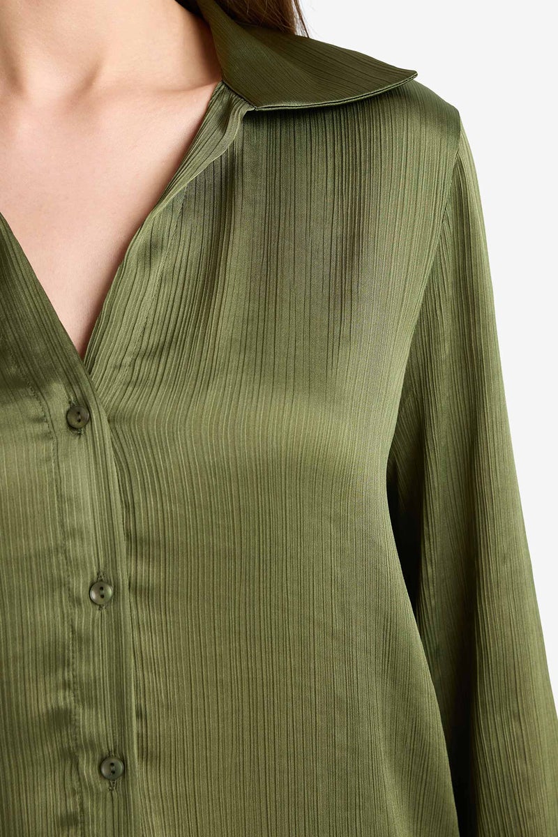 DeFacto Green Woman Regular Fit Satin Long Sleeve Shirt Casual - Image 5